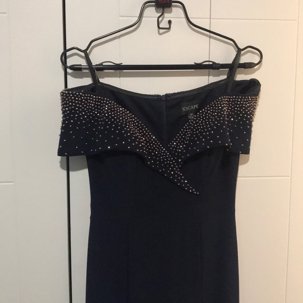 Xscape off-shoulder embellished gown, navy - Picture 3 of 4